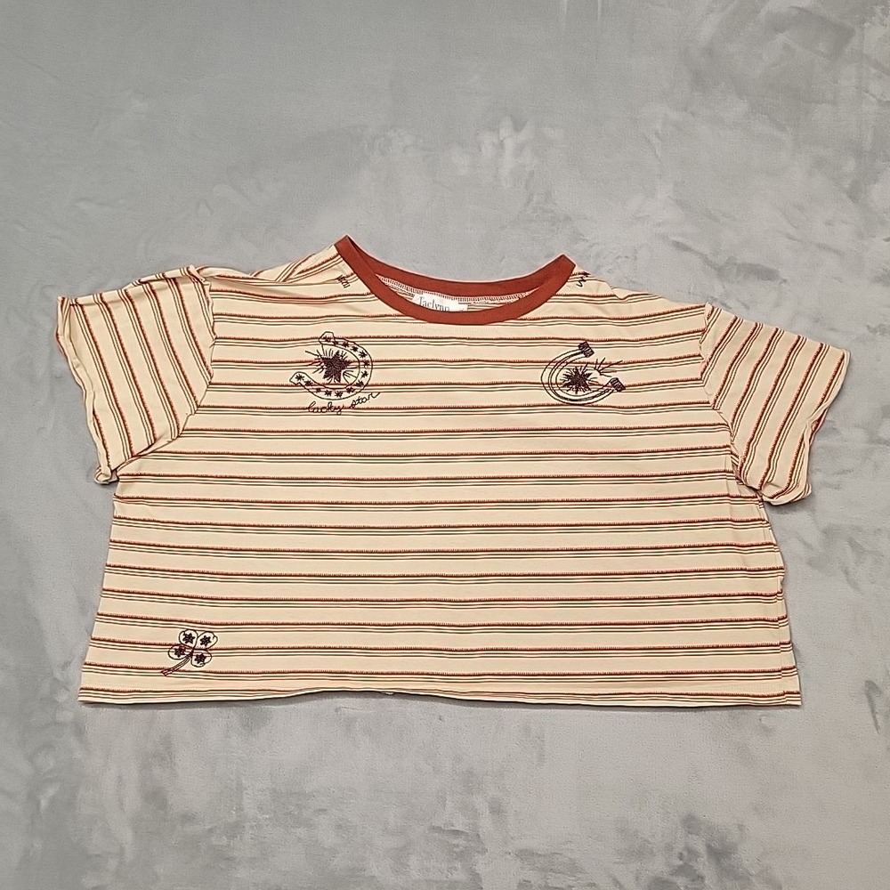 Taelynn Shirt Womens L Cream Red Stripe Horseshoe Lucky Star Clover Crop Top